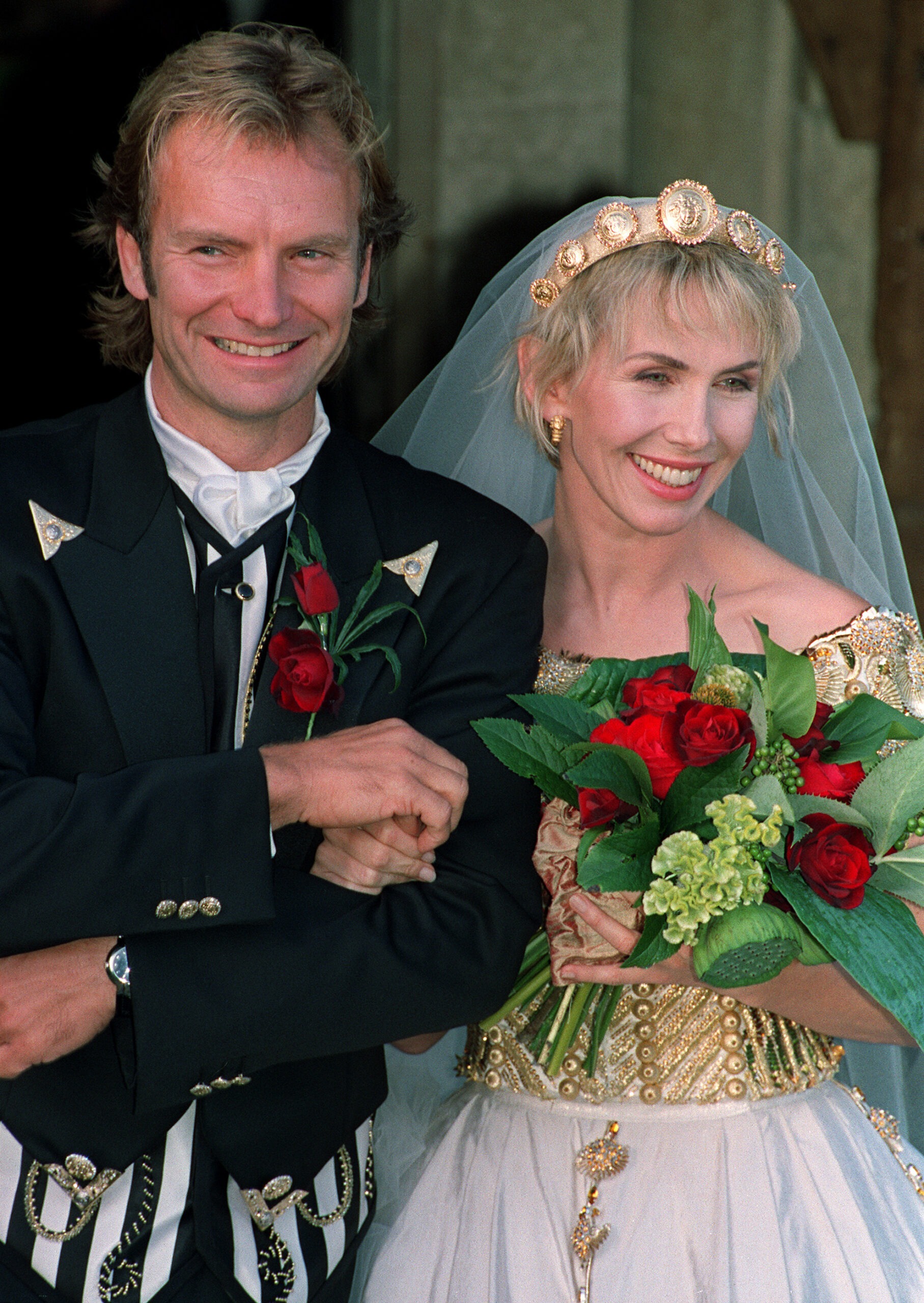 Sting and Trudie Styler on their wedding day at their village church in Great Durnford, Whitshire on August 20, 1992 in England. | Source: Getty Images